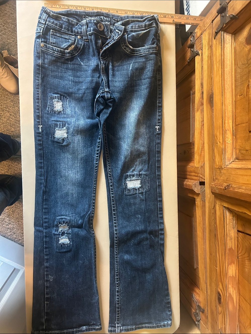 Cowgirl Tuff Dark Blue Distressed Boot Cut Jeans